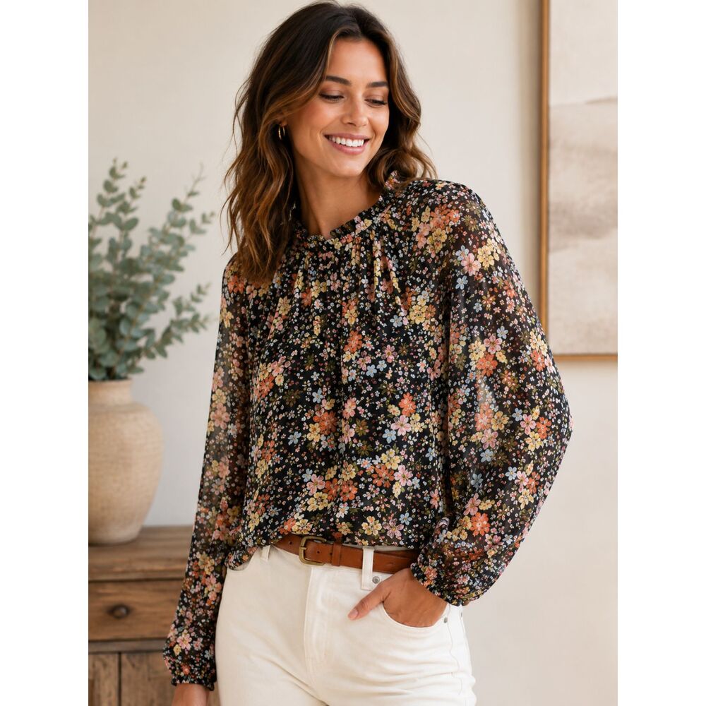 LOFT Black Floral Shirred Neckline Long Sleeve Lined Blouse Top Shirt Size XL